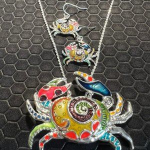 Crab Necklace and Earring Set Multicolored Made of Sterling Silver